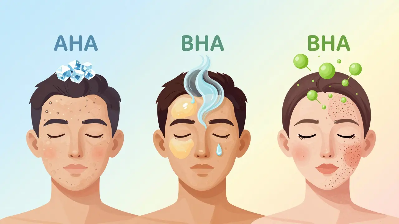 Tři typy pleti s odpovídajícími typy peelingu: AHA, BHA a enzymy, zobrazené jako abstraktní prvky nad tvářemi.