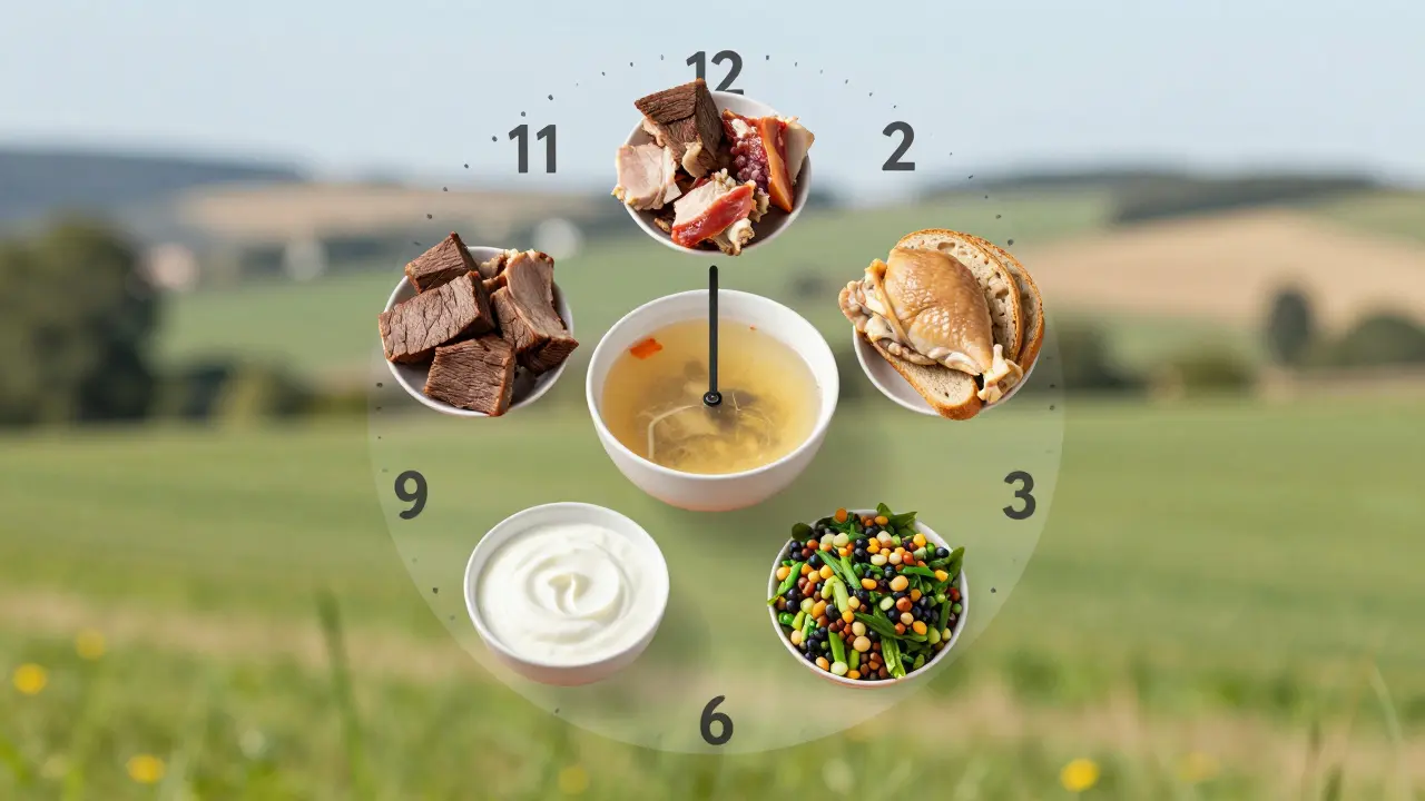 Týdenní plán výživy s mírným množstvím masa a převahou rostlinných potravin.