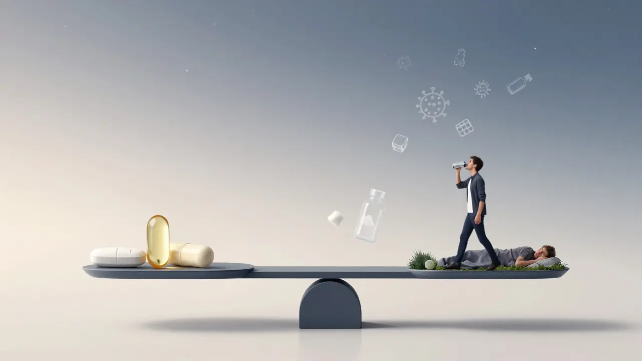 Váha s doplňky výživy na jedné straně a zdravým životním stylem na druhé, symbolizující obnovu imunity.