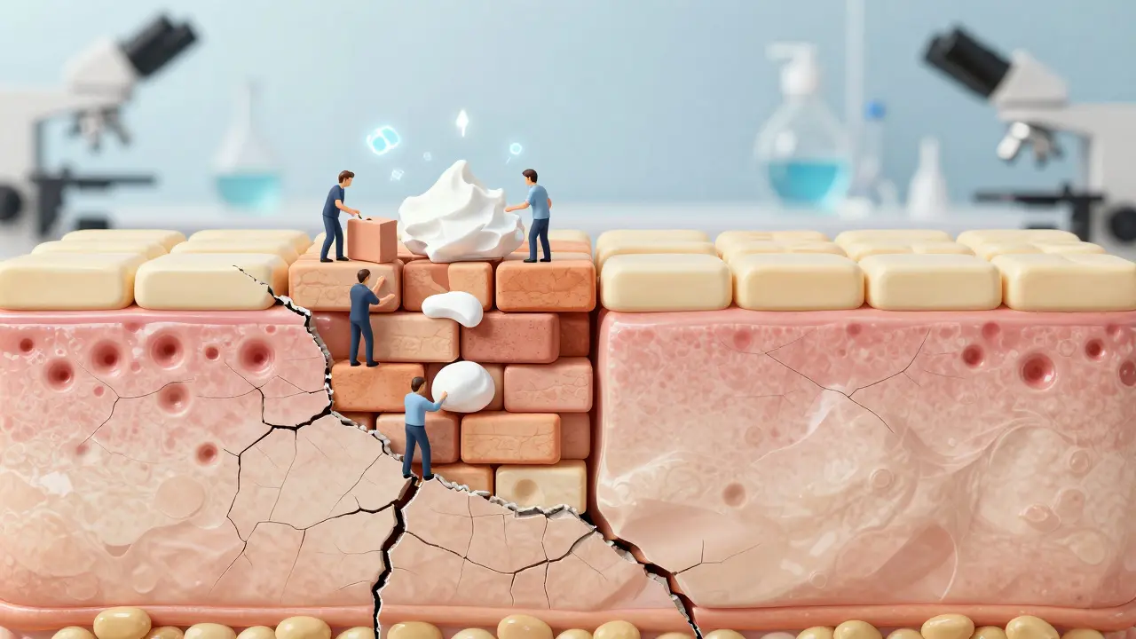 Vizualizace obnovy bariéry kůže pomocí molekul urey a ceramidů jako opravy poškozené zdi.