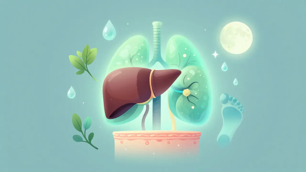 Vnitřní orgány těla — játra, ledviny, plíce a kůže — svítí jemně v klidném prostředí s přírodními symboly.