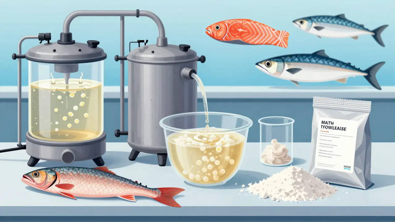 Výroba mořského kolagenu z šupin a kůže ryb v laboratoři s enzymatickým zpracováním.