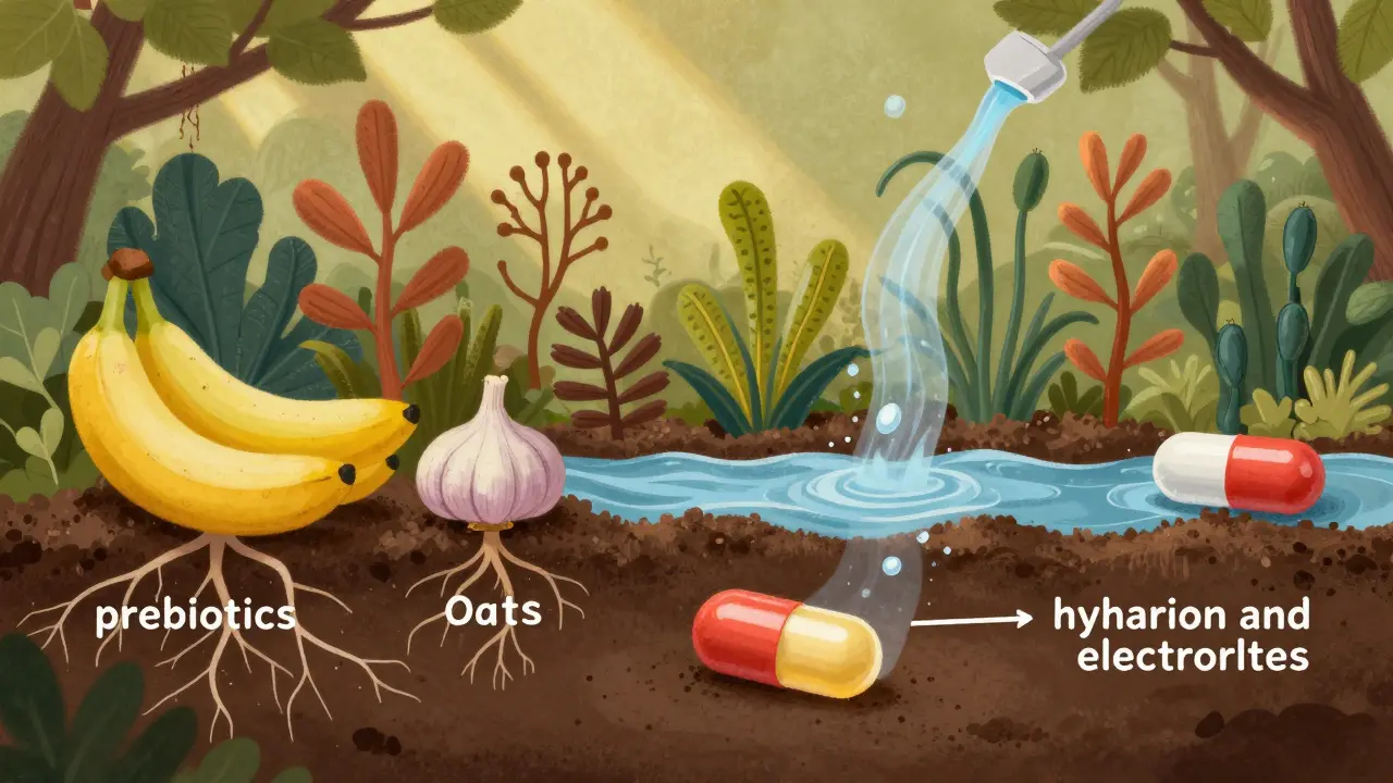 Zdravá střevní mikroflóra jako zahrada, kde probiotika a prebiotika spolu podporují obnovu po antibiotikách.