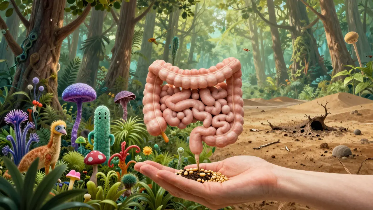 Živý mikrobiom jako les proti pusté krajine, ruka zasazuje semena pro obnovu střevní flóry.