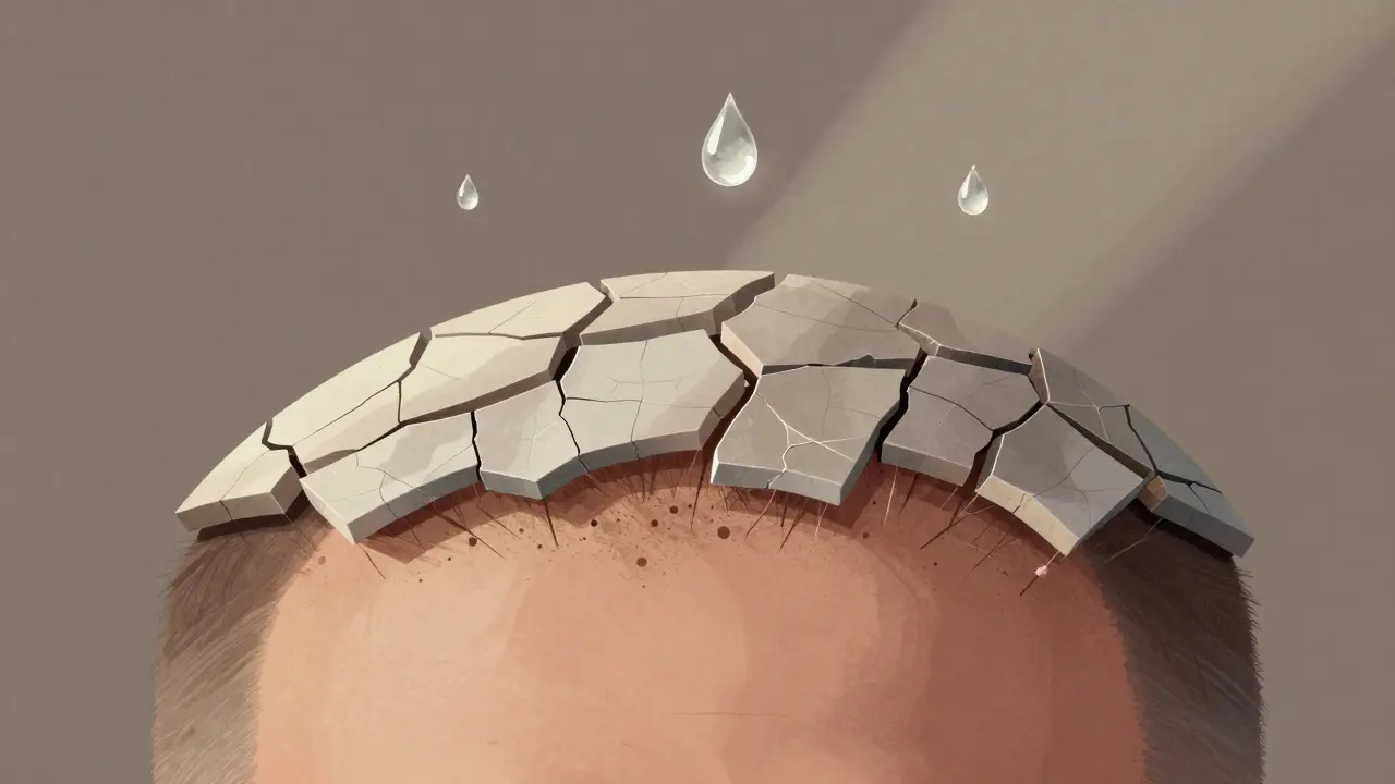 Zvětšený pohled na poškozenou vlasovou kůžku a suché jádro vlasu.