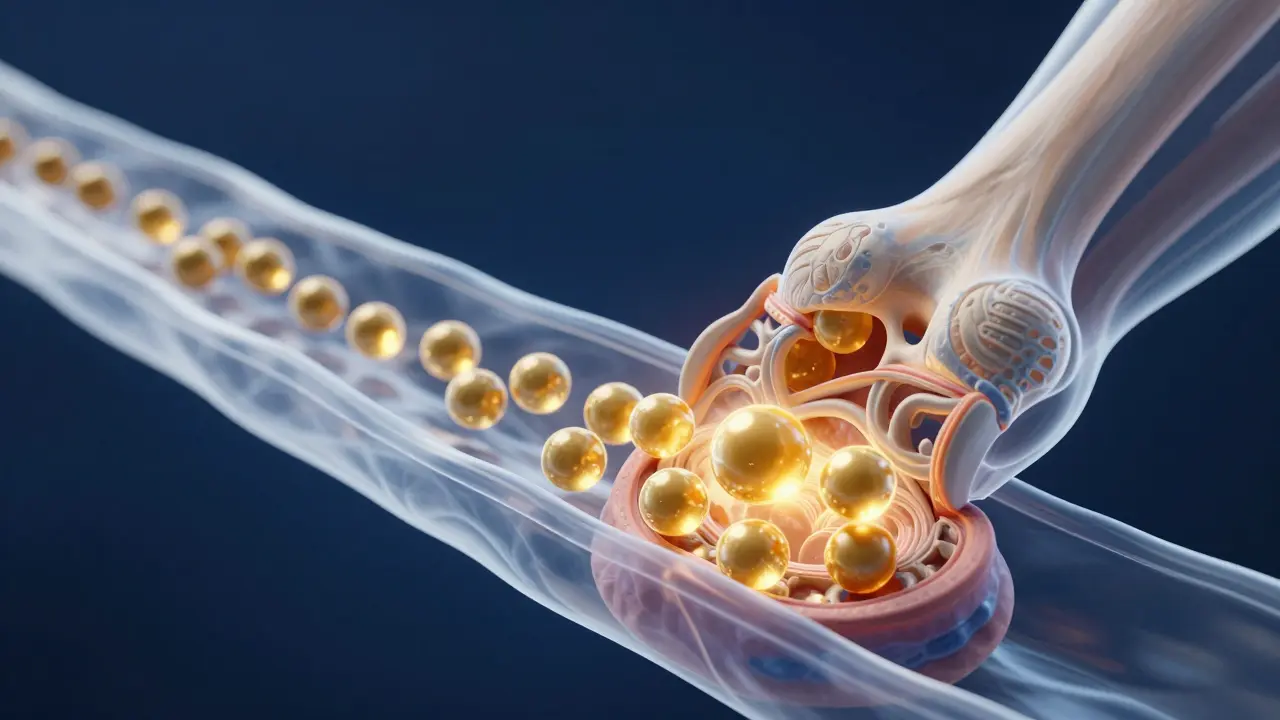 3D ilustrace aminokyselin kolagenu proudících v krvi k chrupavce.