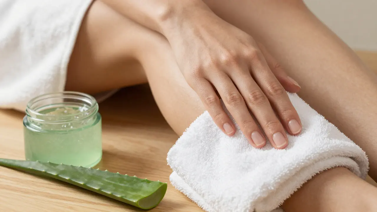 Aplikace zklidňujícího aloe vera gelu na pokožku po holení.