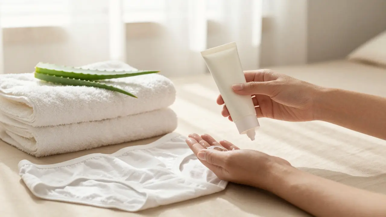 Aplikace zklidňujícího aloe vera gelu na pokožku vedle čistého bavlněného prádla.
