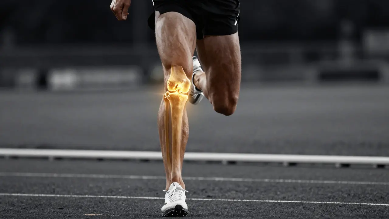 Běžecké koleno s grafickým zvýrazněním kloubu a šlach.