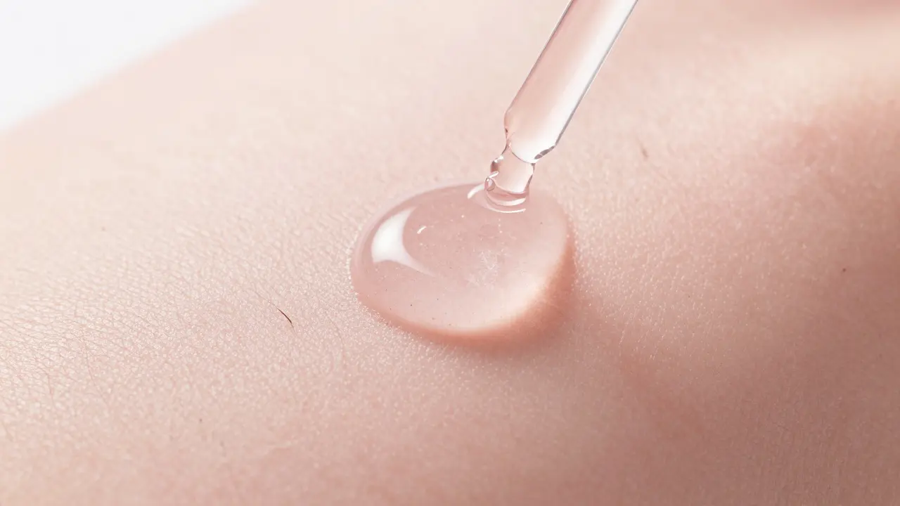 Detail hydratace pleti s kapkou séra během procesu hojení po IPL.