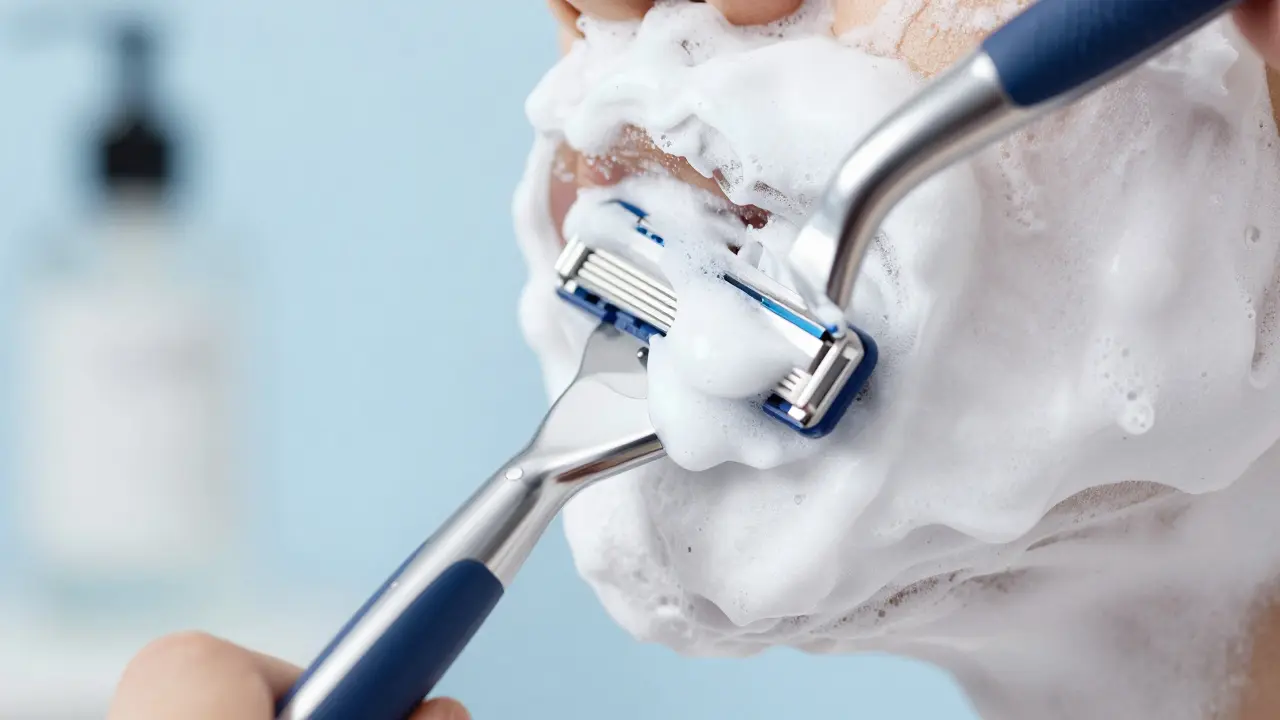 Detail žiletky prořezávající hustou bílou holicí pěnu pro maximální hladkost.