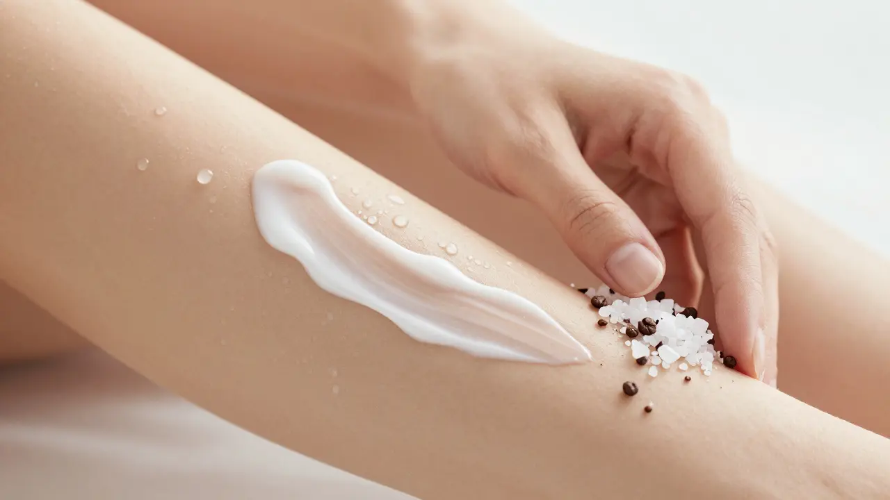 Detailní záběr na hydrataci a exfoliaci pokožky s krémem a peelingovými zrnky.