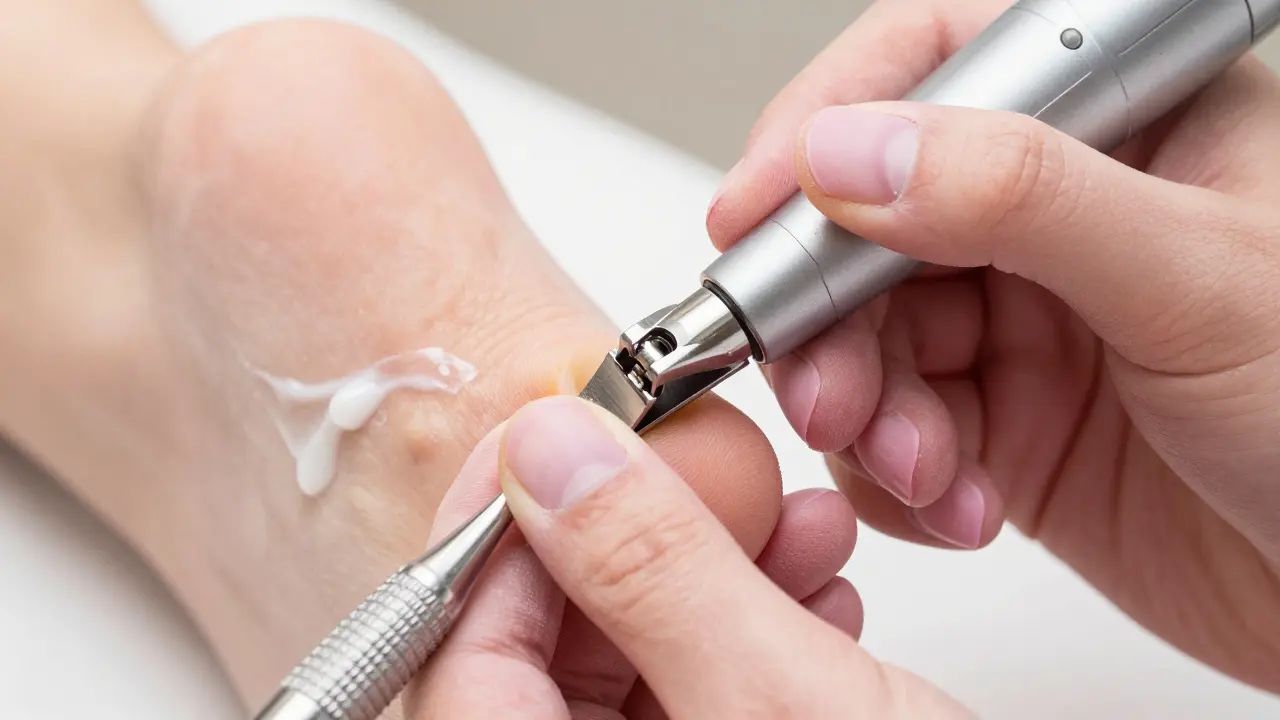 Detailní záběr na profesionální frézování zrohovatělé kůže na patě.