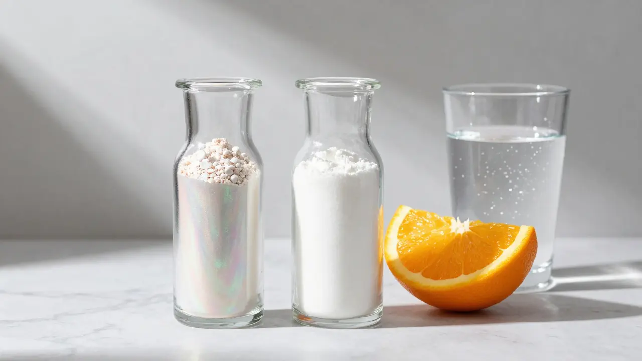 Dva druhy kolagenu v prášku vedle plátku pomeranče a vody.