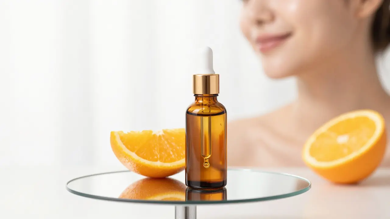 Hněná lahvička s pleťovým sérem a plátek pomeranče na zrcadle.