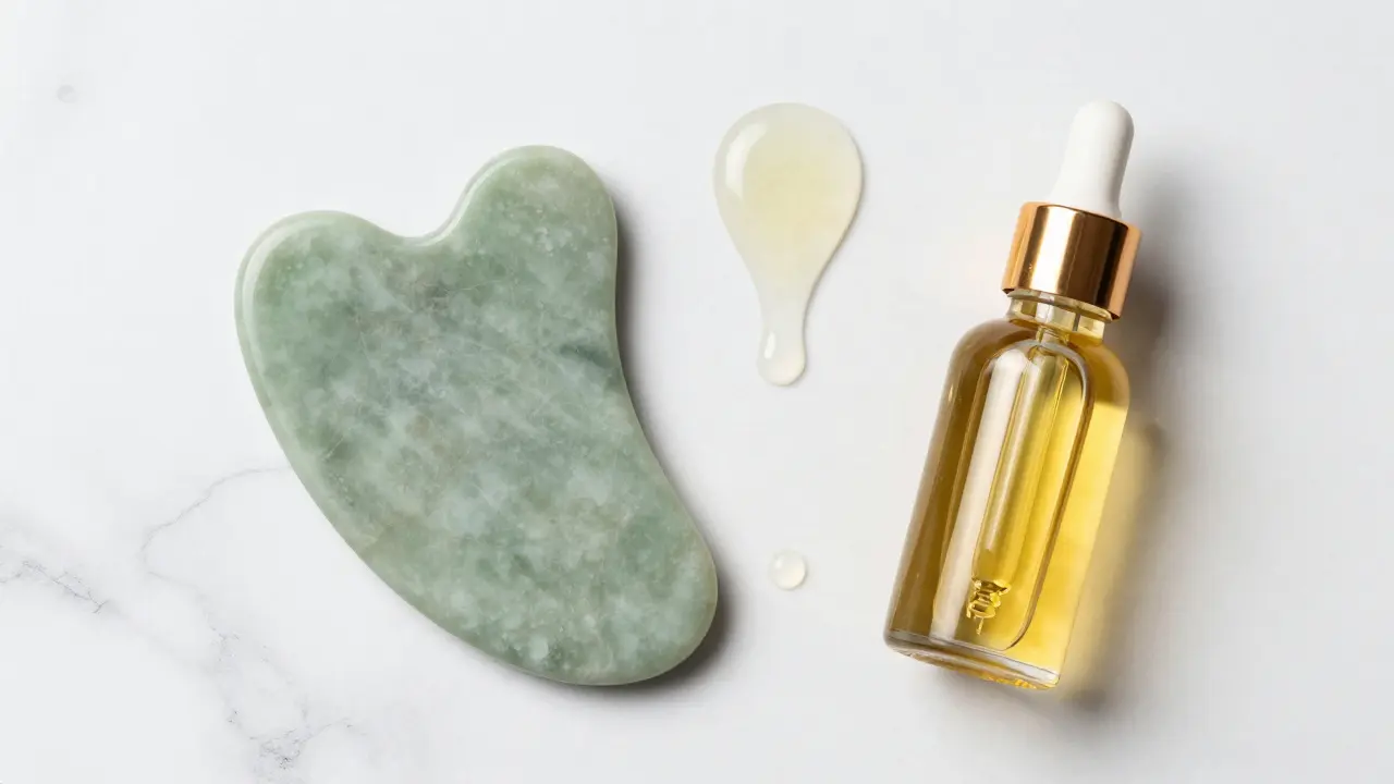 Kámen Gua Sha a lahvička s obličejovým olejem na mramorovém podkladu.