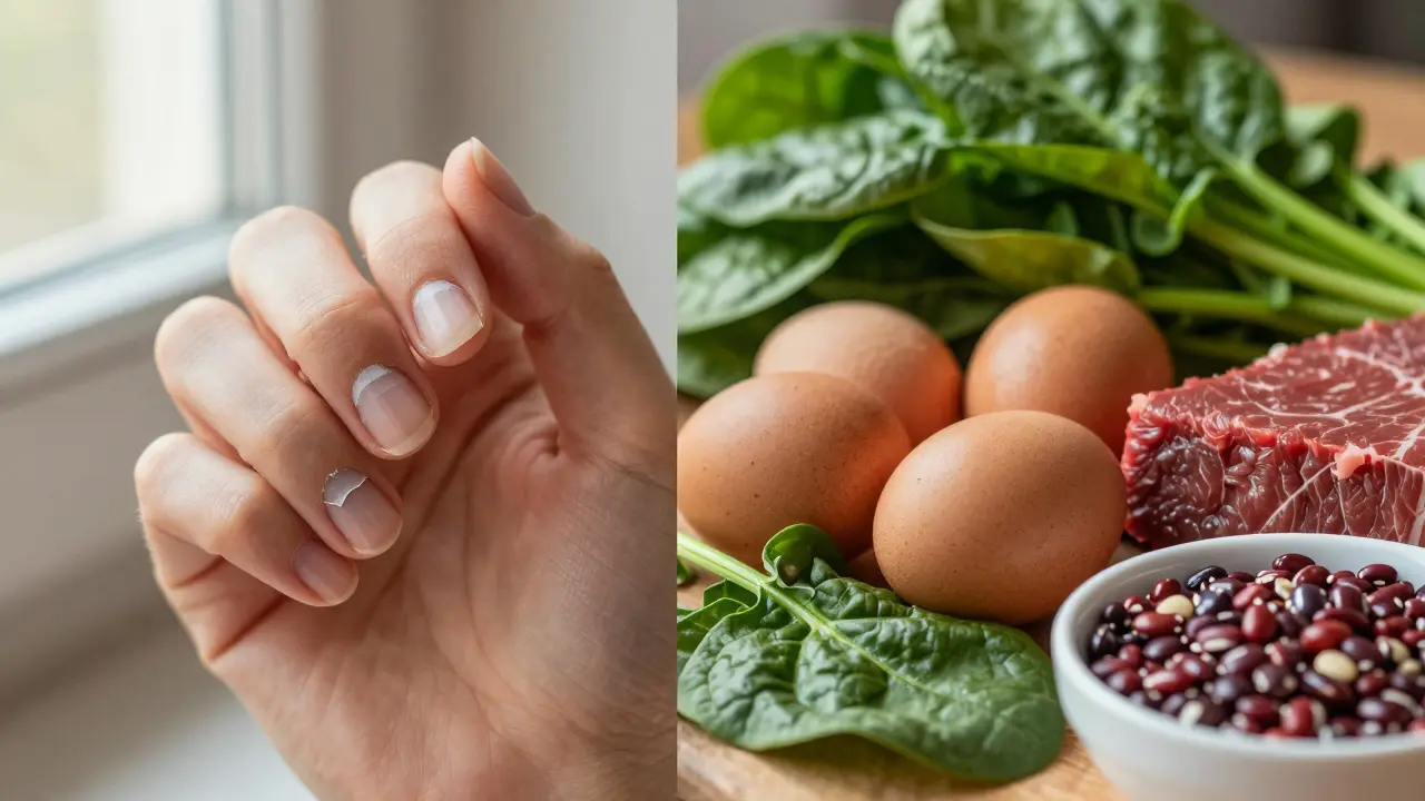 Koláž lámavých nehtů a zdravých potravin jako špenát, vejce a maso.