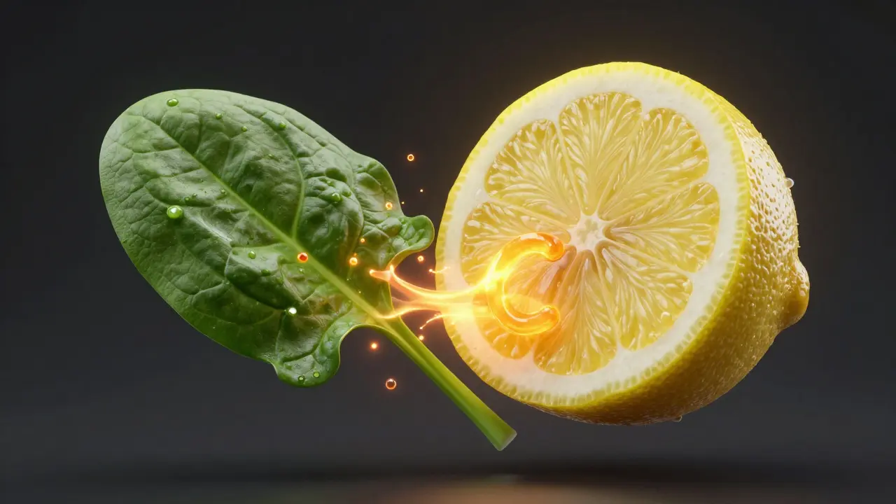 Kombinace špenátu a citronu s vizualizací vstřebávání železa pomocí vitamínu C.