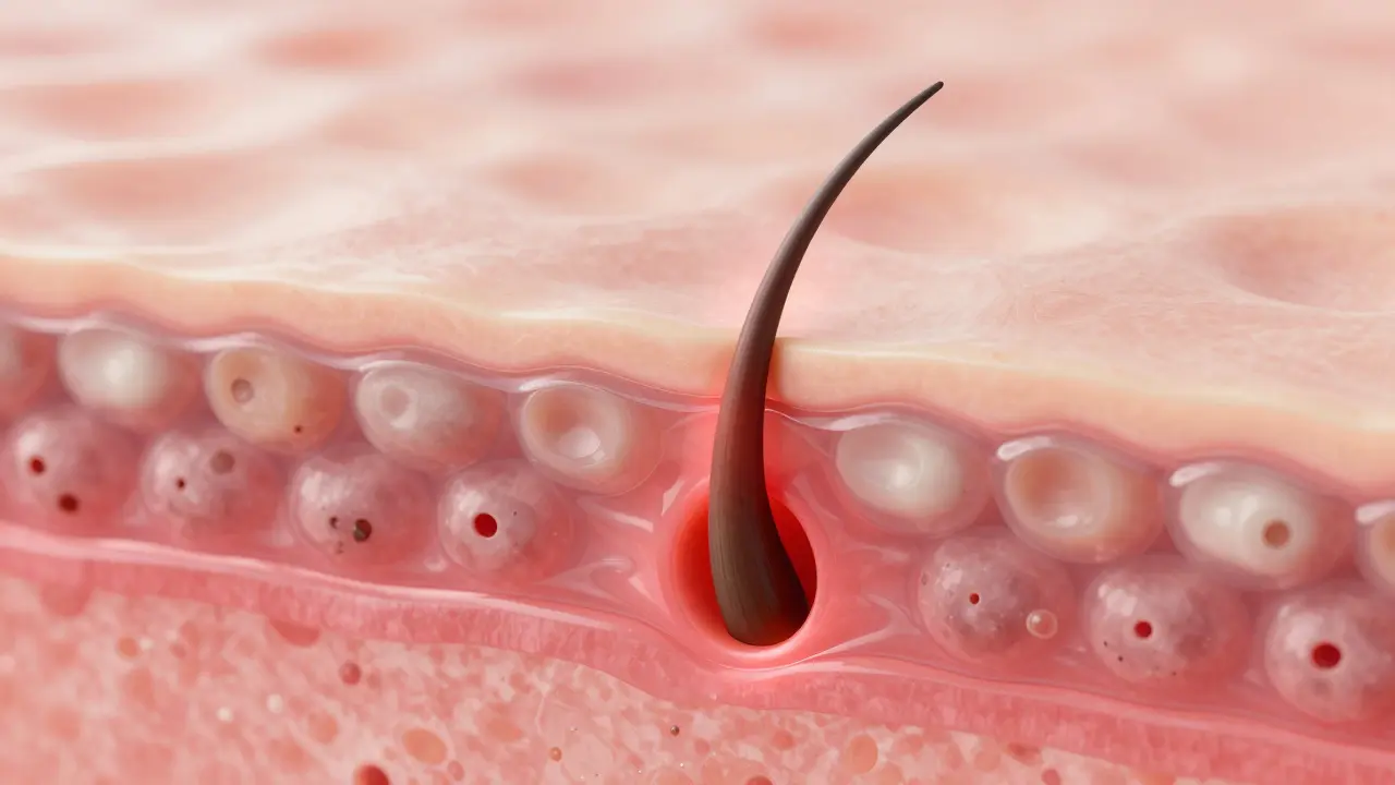 Konceptuální 3D znázornění vrostlého chlupku v pórech kůže.