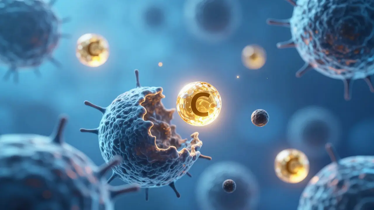 Konceptuální ilustrace vitaminu C neutralizujícího volné radikály v buňce.