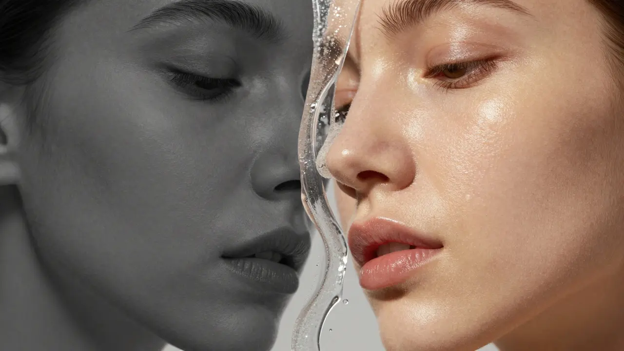 Konceptuální srovnání matné a zářící, vyhlazené pokožky po exfoliaci.