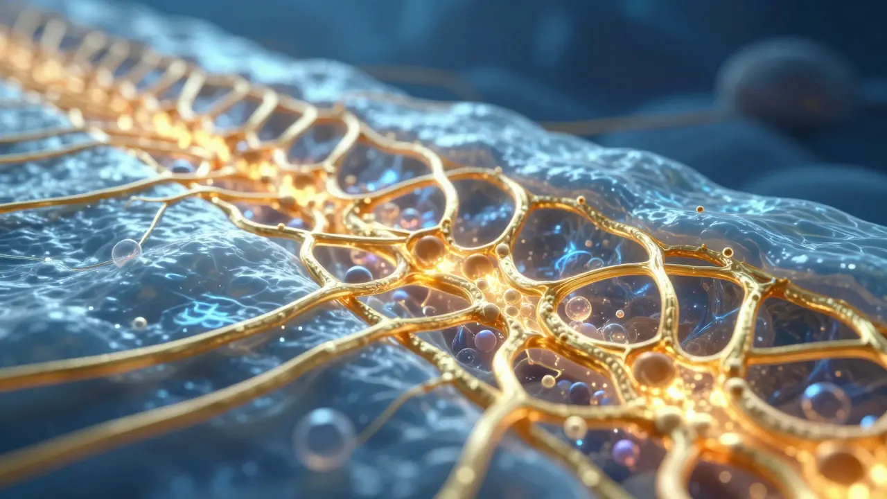 Konceptuální zobrazení kolagenových vláken v chrupavce kloubu.