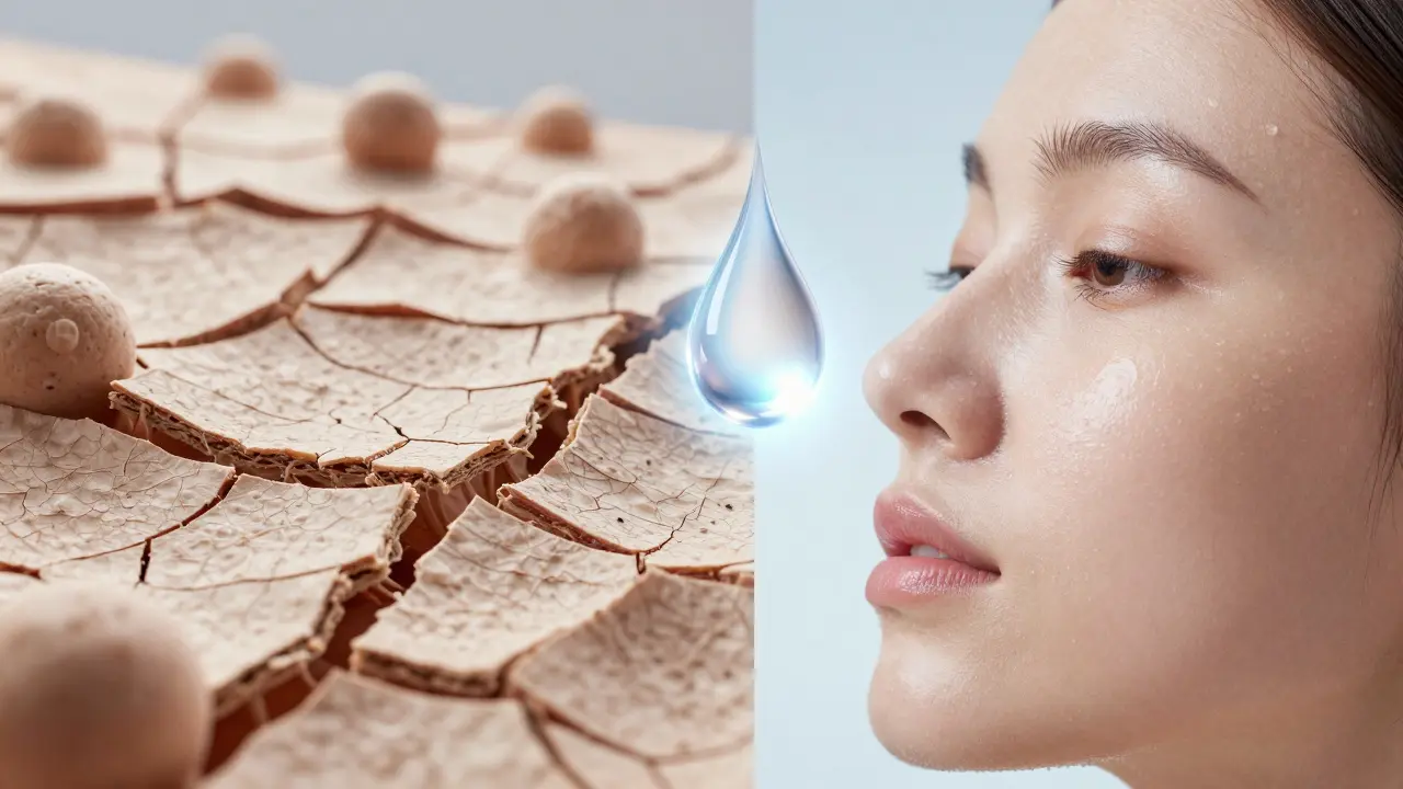 Konceptuální zobrazení přechodu od suché kůže k hladké pokožce pomocí AHA kyselin.