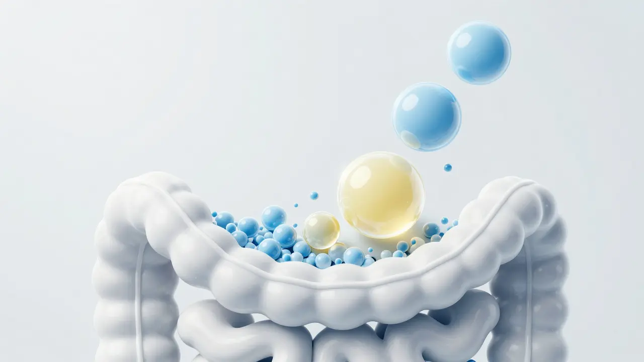 Konzepční ilustrace procesu spojování bublinek plynů v trávicím traktu.