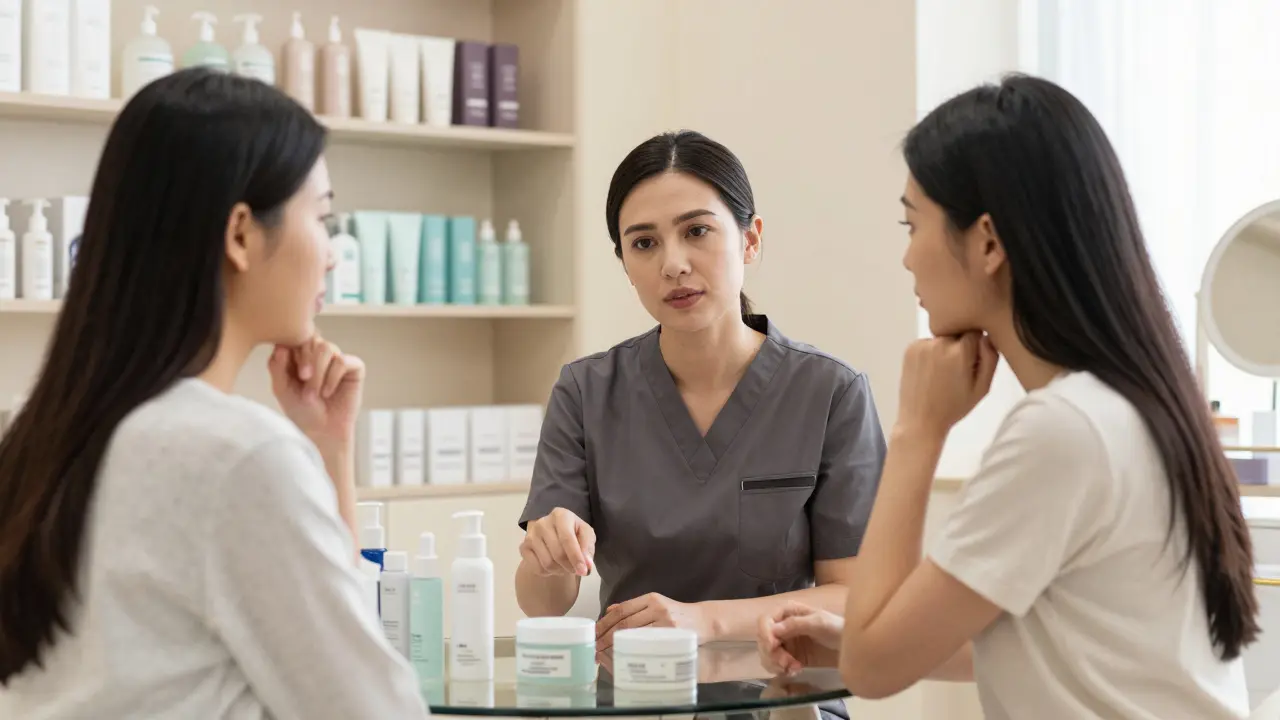 Konzultace mezi kosmetičkou a klientkou v profesionálním prostoru