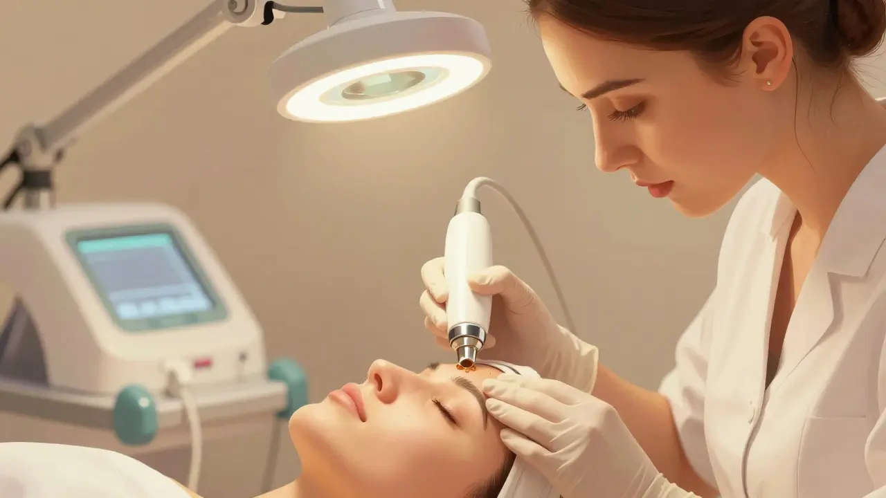 Kosmetička provádí léčebnou proceduru na obličeji klienta