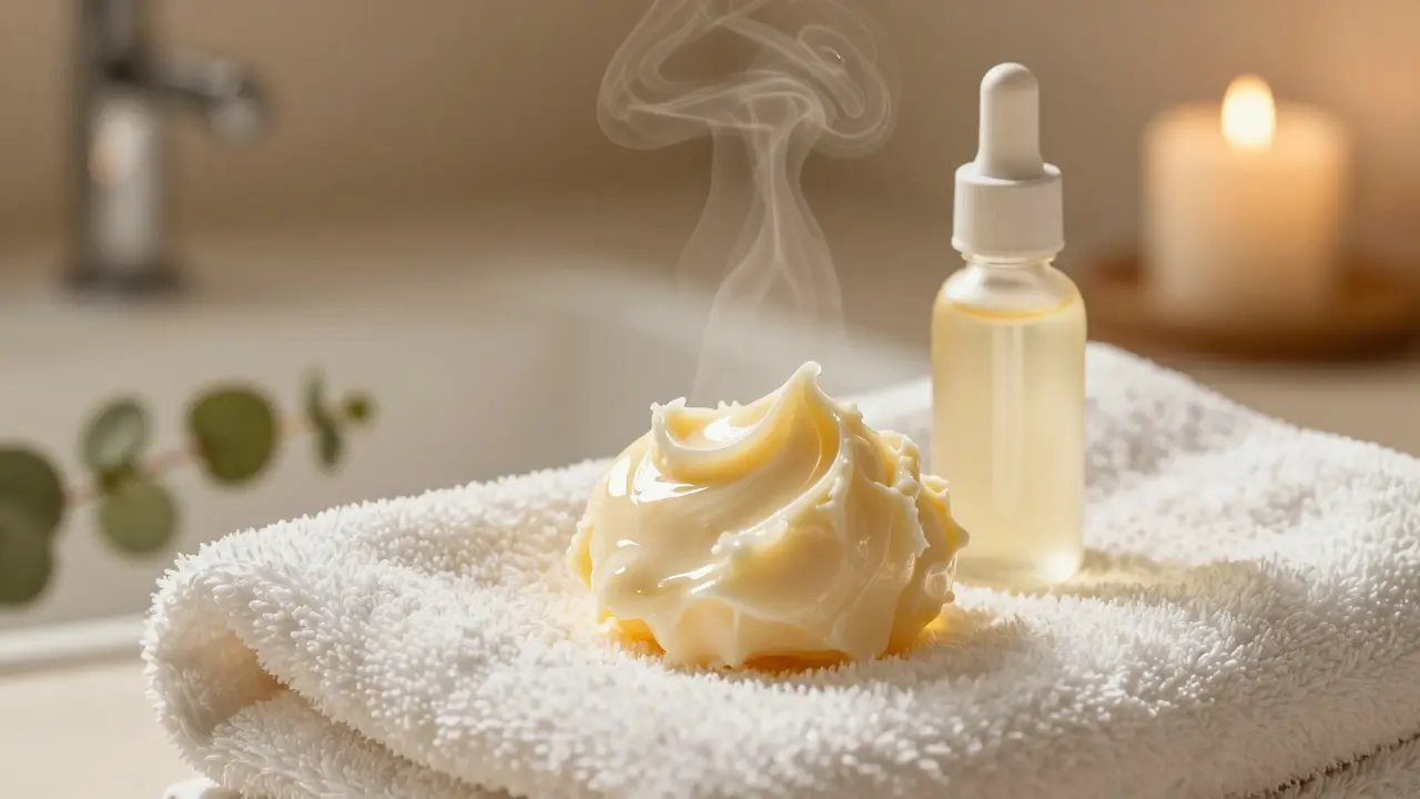 Luxusní kosmetika s shea butter a hyaluronkou na bílém ručníku v atmosféře spa.