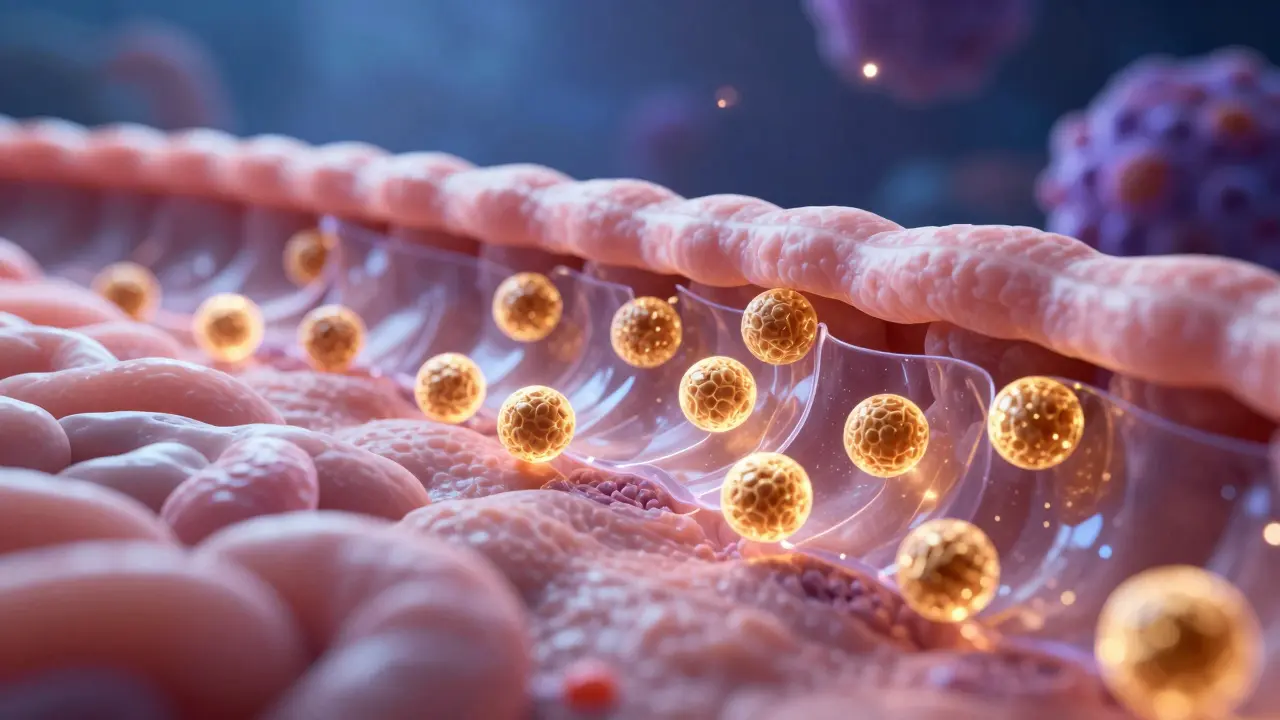 Mikroskopická vizualizace probiotik obnovujících slizniční bariéru v červu.