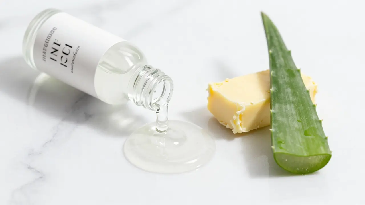 Minimalistická fotka kosmetického produktu s aloe verou a shea maslem na mramoru.