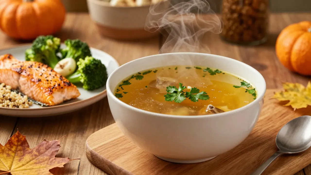 Misku s kostním vývarem a pečený losos s quinuou a brokolicí.