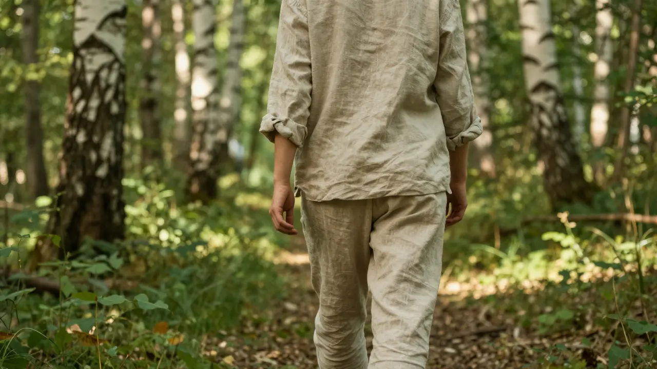 Osoba procházející klidným lesem jako symbol relaxace a stresu.