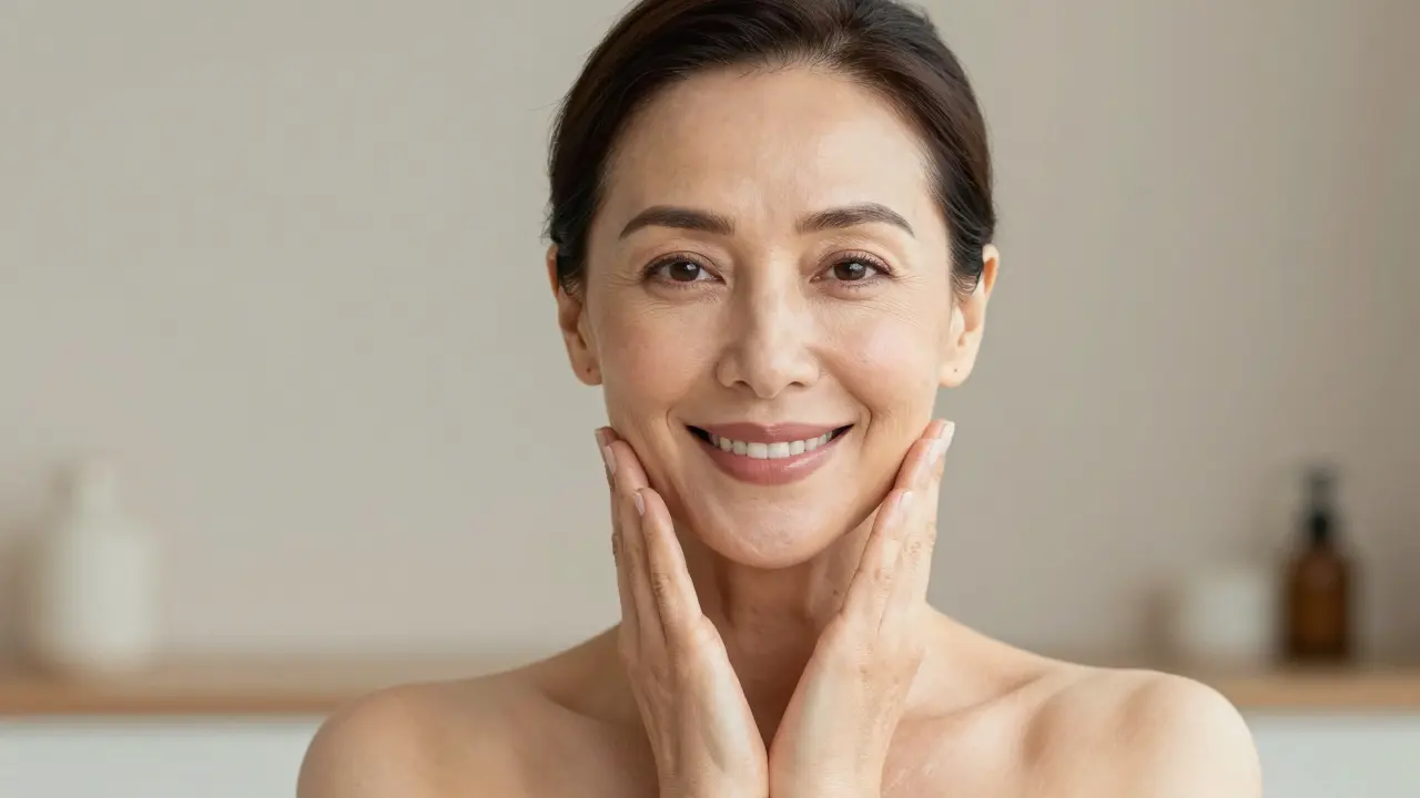 Portrét ženy s vypjatou a zářivou pletí po pravidelné masáži obličeje.