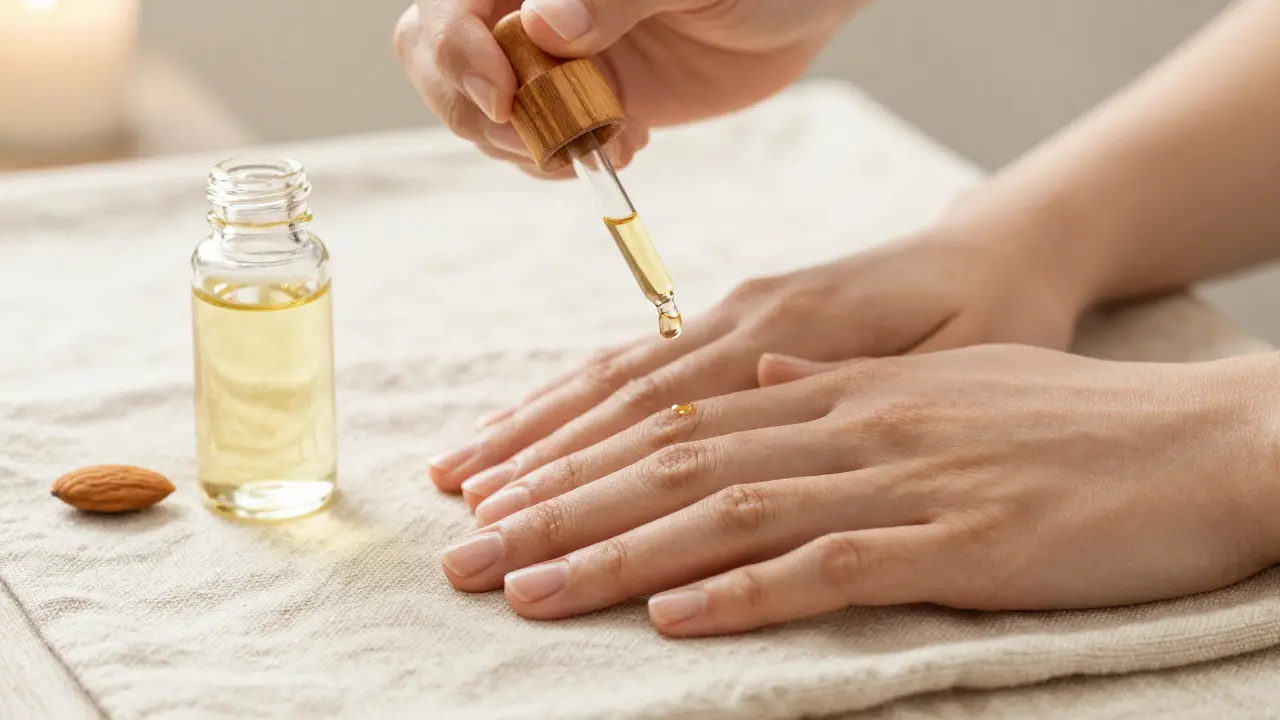 Přirozené nehty bez laku při regeneraci s použitím mandlového oleje.