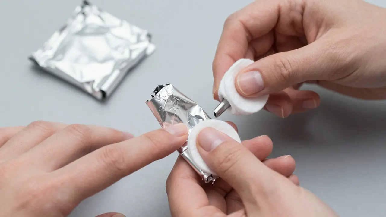 Prsty zabalené do vaty a hliníkové fólie při sundávání gelového laku.