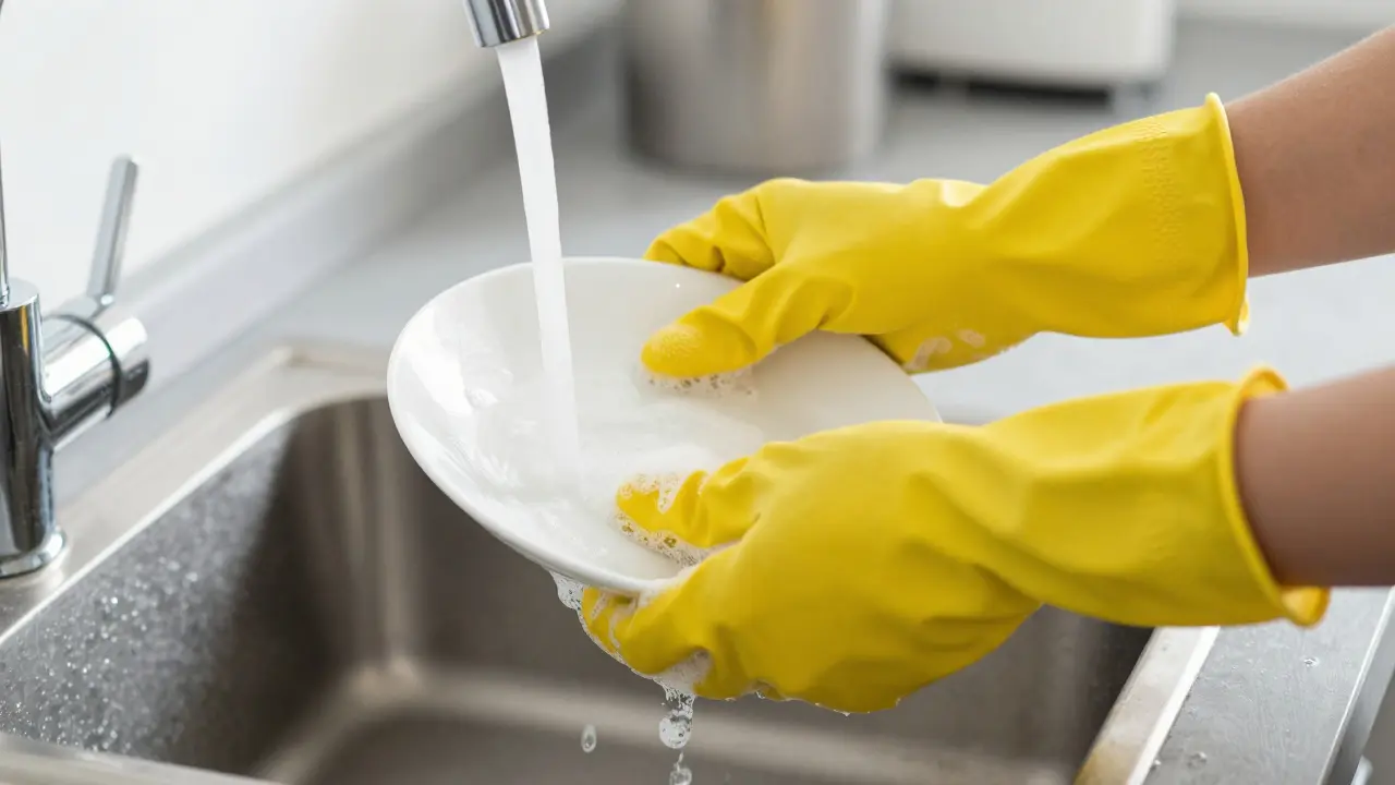 Ruce v gumových rukavicích při mytí nádobí pro ochranu nehtů.