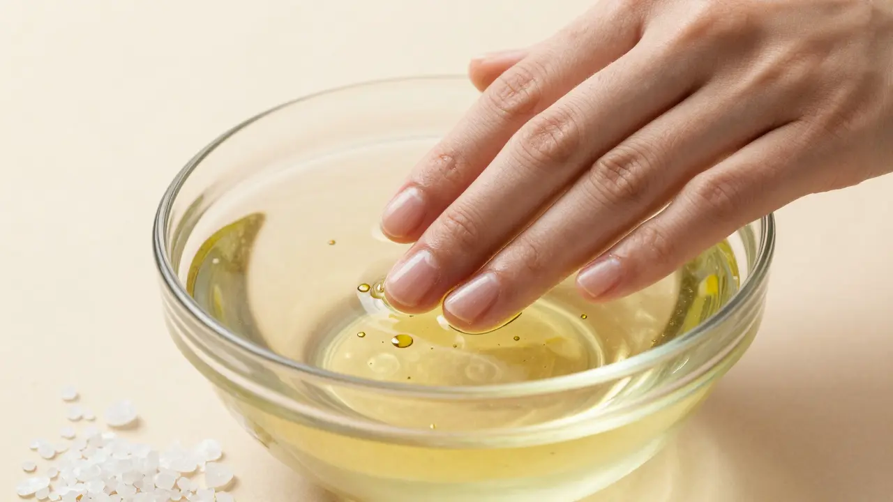 Ruka v olejové koupeli s olivovým olejem pro hydrataci nehtů.