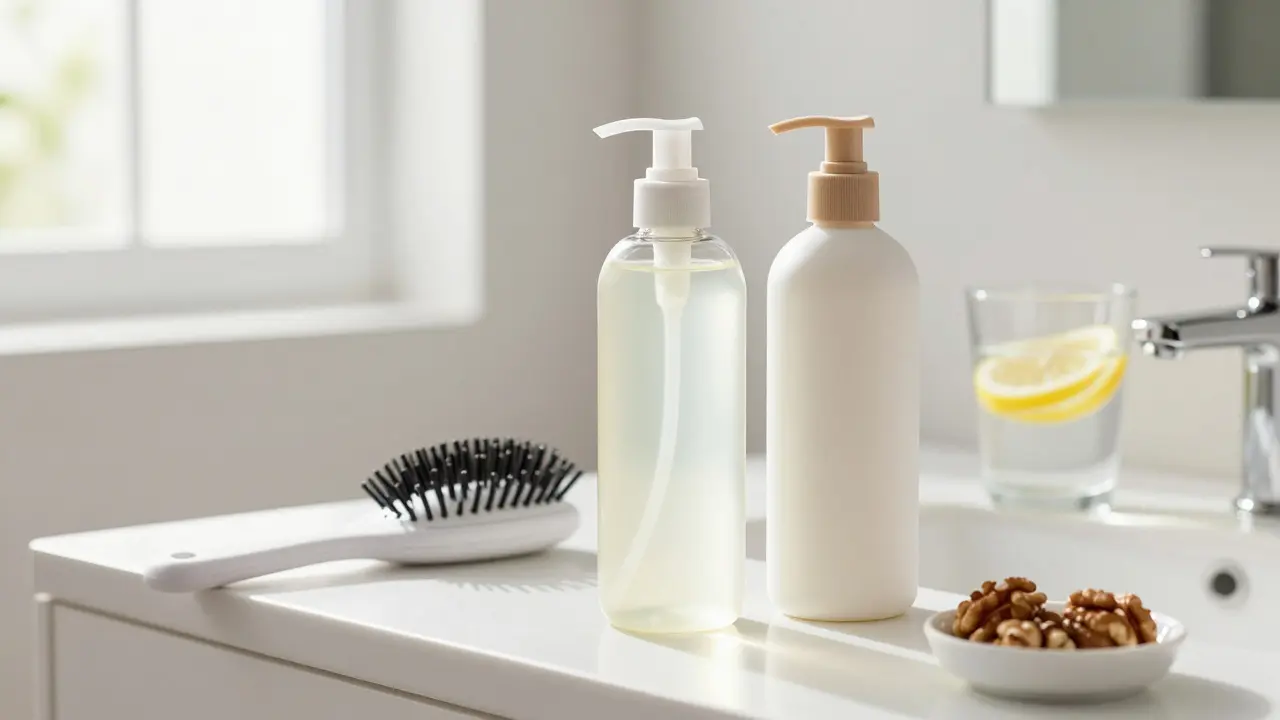 Sada volumizačních produktů, kulatý kartáč a zdravé potraviny na koupelnovém stole.