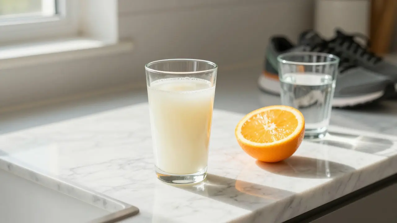 Sklenice kolagenového nápoje s plátkem pomeranče na světlém stole.