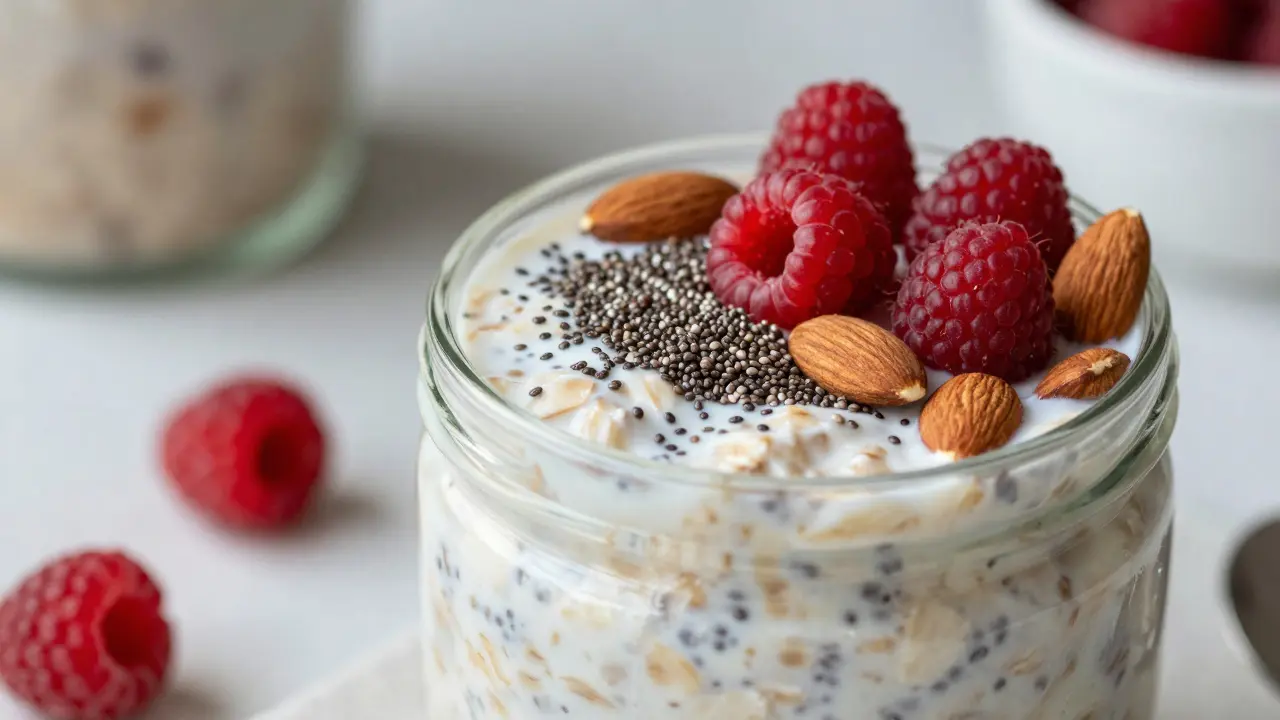 Slijovice s overnight oats, chia semínky a malinami v minimalistickém stylu.