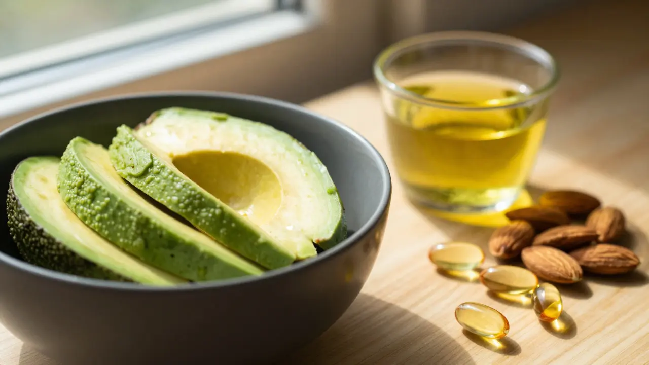 Snídaně s avokádem a mandlemi vedle vitamínových kapslí v ranním světle.