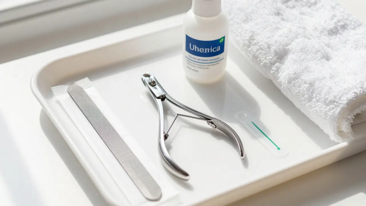 Sterilizované nástroje na pedikúru v papírovém sáčku vedle hydratačního krému.