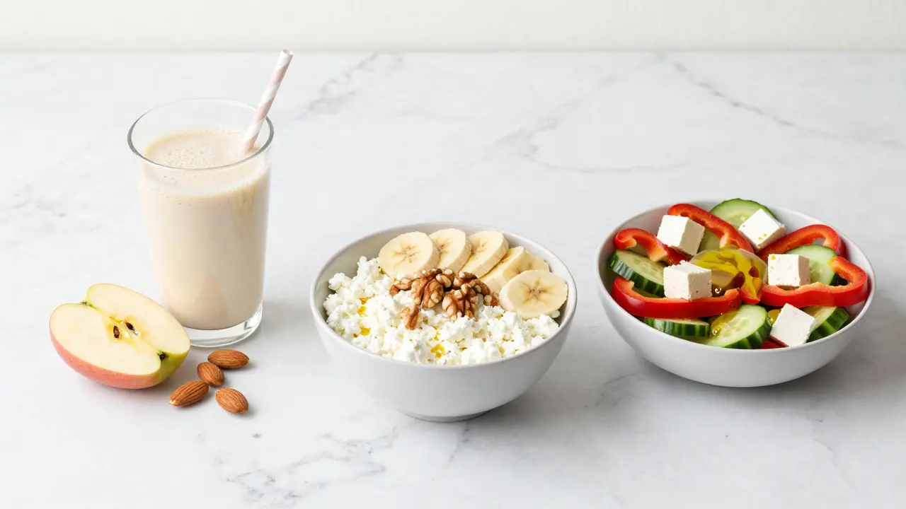 Výběr zdravých snídaní: proteinový shake, tvaroh s ořechy a čerstvý salát s fetou.