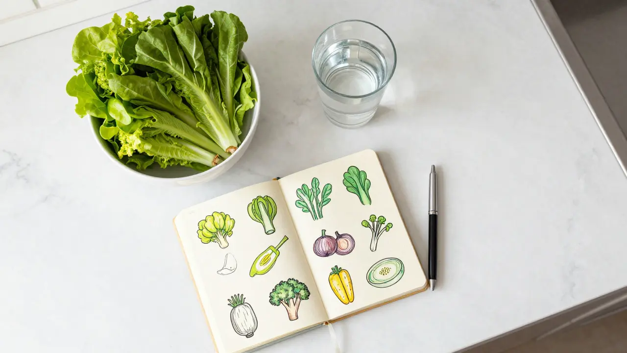 Zdravá strava, sklenice vody a deník stravy na světlé kuchyňské ploše.