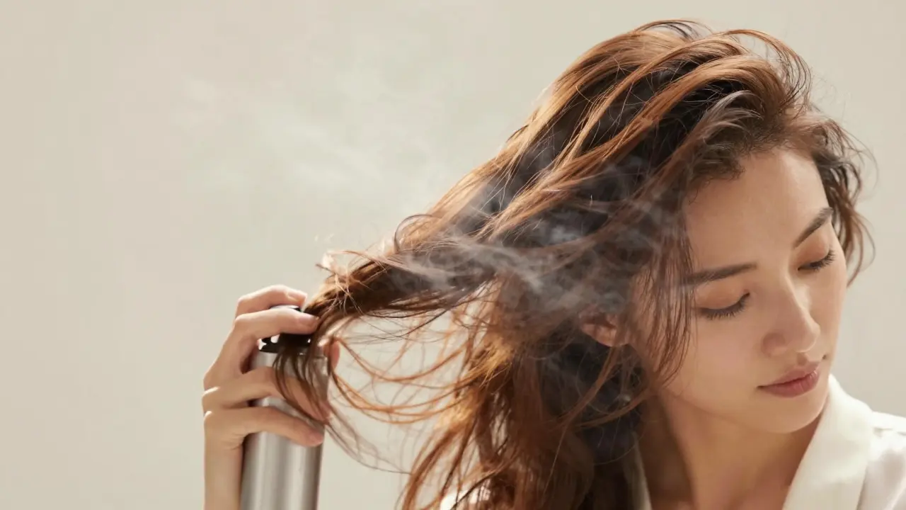 Žena fénuje vlasy hlavou dolů pro získání maximálního objemu u kořínků.