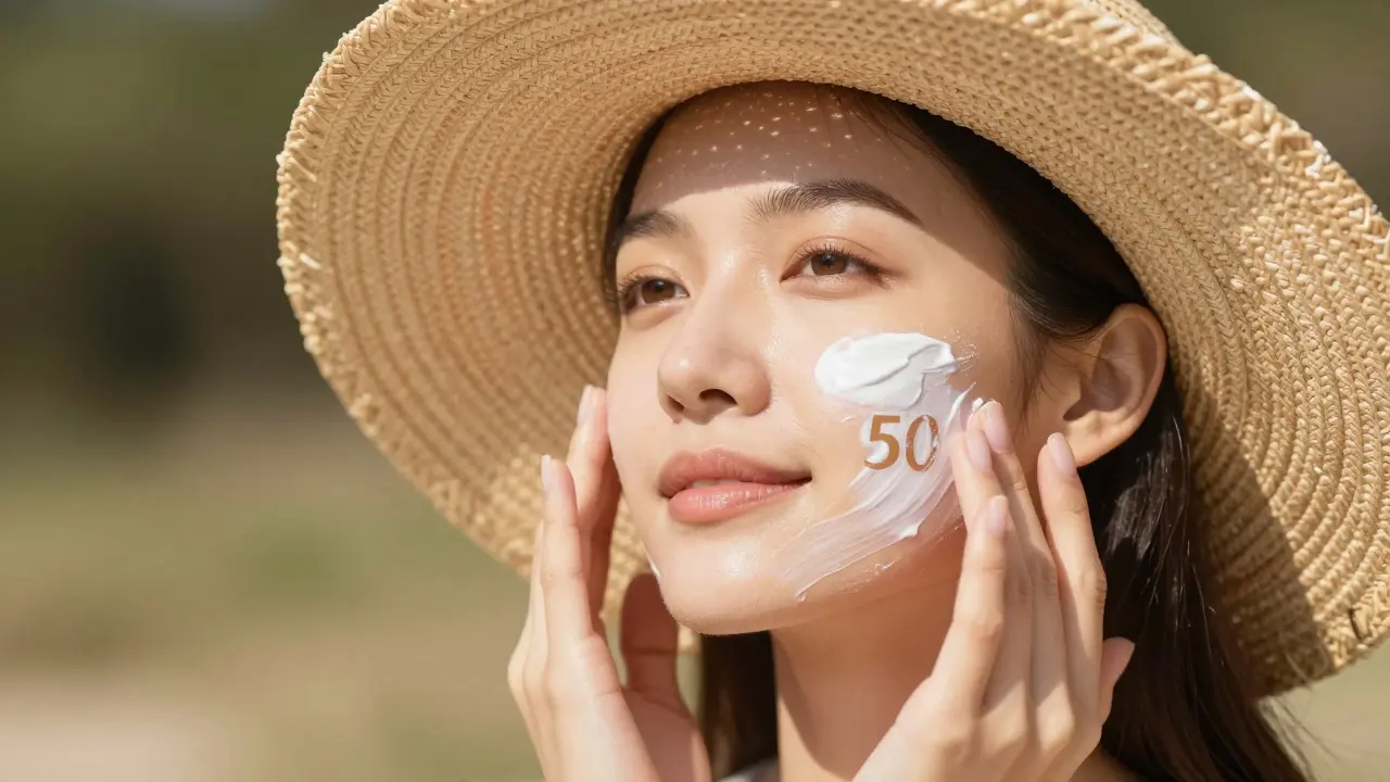 Žena nanášejí ochranný krém s SPF na obličej pod sluncem.