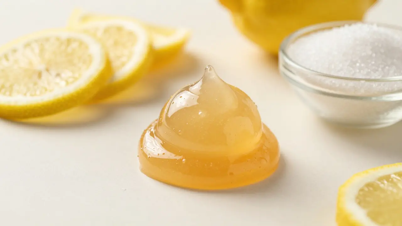 Zlatavá cukrová pasta k depilaci s plátky citronu a krystaly cukru.